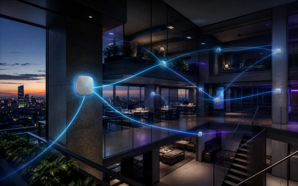 Wireless mesh network connecting a multi-level modern office