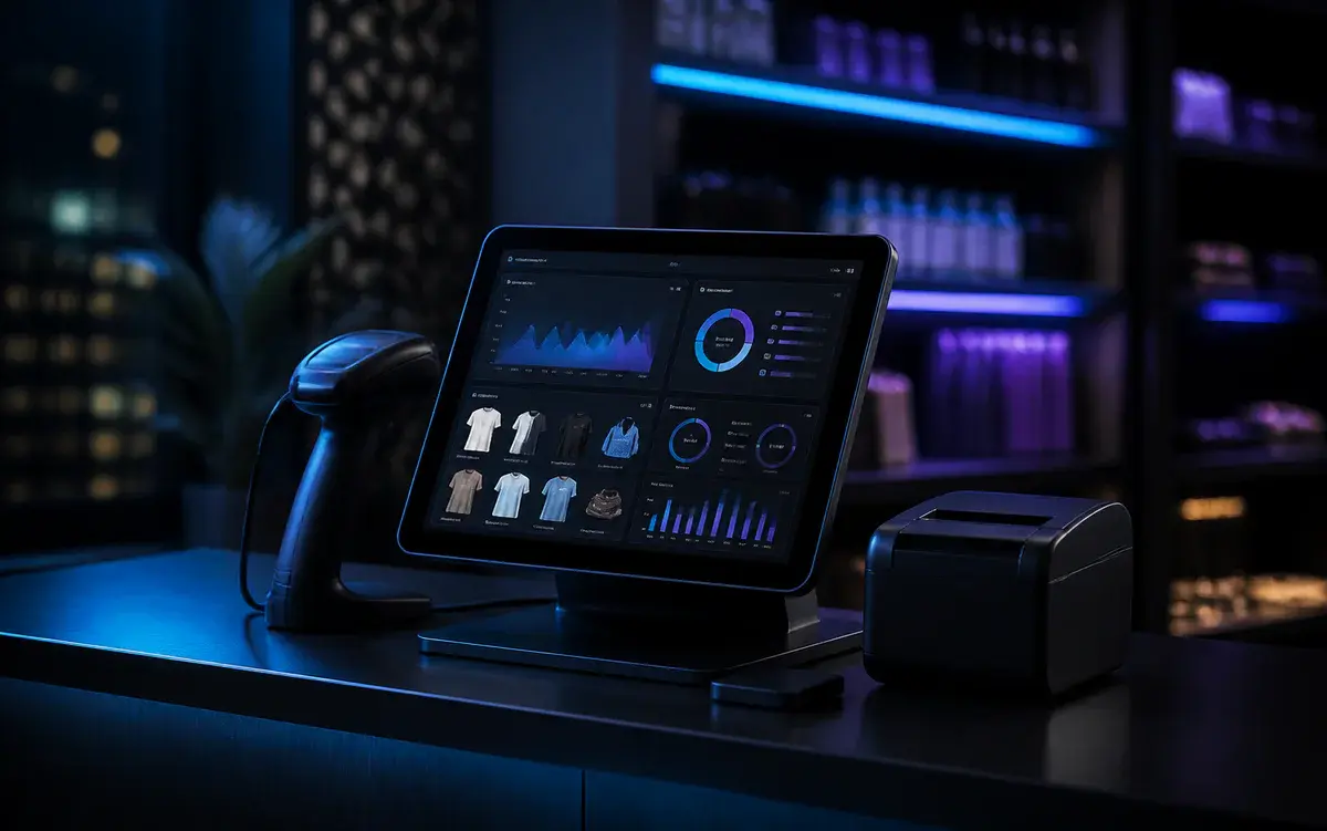 Modern point-of-sale terminal with retail analytics dashboard